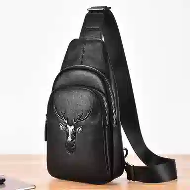 老人头 美式复古腰包 潮牌男士鹿头单肩斜挎包休闲 胸包 常规 男款 黑色