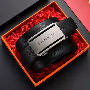 老人头 百搭极简设计休闲风 摔纹纹理 自动扣 牛皮革 皮带 男款 黑色