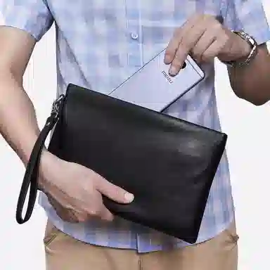 老人头 时尚简约大容量 头层牛皮 手拿包 常规 男款 黑色 手机夹包信封包