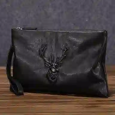 老人头 时尚鹿头百搭 牛皮 手拿包 常规 男款 黑色