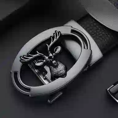 老人头 鹿头扣头摔纹纹理自动扣 头层牛皮 皮带 男款 黑色