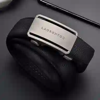 老人头 百搭极简设计休闲风 摔纹纹理 自动扣 牛皮革 皮带 男款 黑色