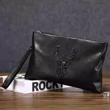 老人头 时尚鹿头百搭 牛皮 手拿包 常规 男款 黑色