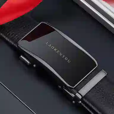 老人头 镜面扣头摔纹纹理自动扣 头层牛皮 皮带 男款 黑色