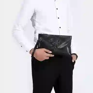 老人头 时尚鹿头百搭 牛皮 手拿包 常规 男款 黑色