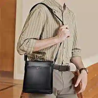 老人头 新款商务百搭 头层牛皮 单肩斜挎包 常规 男款 黑色