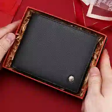 老人头 横款多卡位卡包 头层牛皮 短款钱夹钱包 男款 黑色