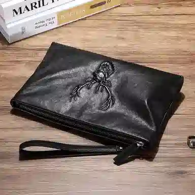 老人头 时尚鹿头百搭 牛皮 手拿包 常规 男款 黑色