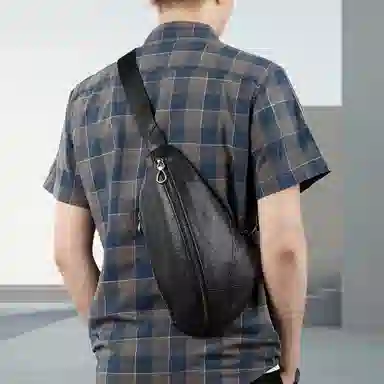 老人头 时尚通勤外出百搭 头层牛皮 胸包斜挎包 常规 男款 黑色 大容量