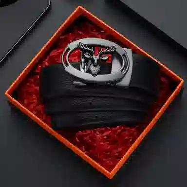 老人头 鹿头扣头摔纹纹理自动扣 头层牛皮 皮带 男款 黑色