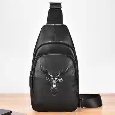 老人头 美式复古腰包 潮牌男士鹿头单肩斜挎包休闲 胸包 常规 男款 黑色