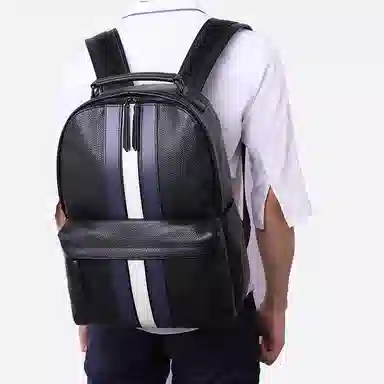 老人头 经典欧美风蓝白条纹大容量出差旅游 牛皮 双肩包 常规 男款 黑色