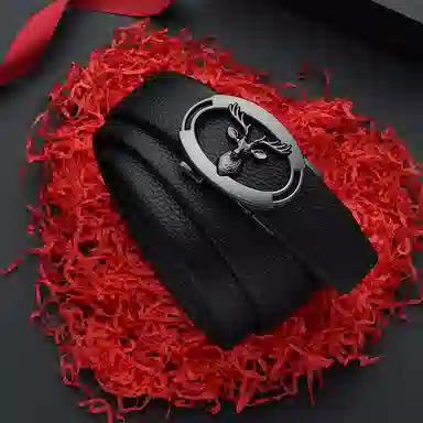 老人头 鹿头扣头摔纹纹理自动扣 头层牛皮 皮带 男款 黑色