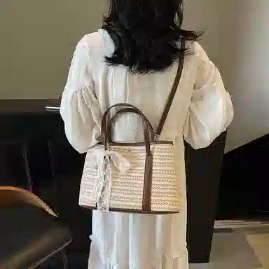 伊曼家 沙滩度假通勤百搭 草编 手提包 女款 卡其/彩色/米白