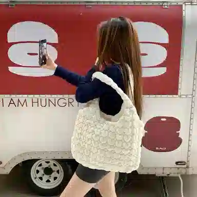 伊曼家 日系复古格子休闲韩版可爱 尼龙布 单肩包 女款 方块款/爱心款