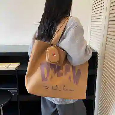 伊曼家 通勤时尚简约字母印花设计 帆布 托特包单肩包 女款 卡其色/焦糖色/米灰色/黑茶色