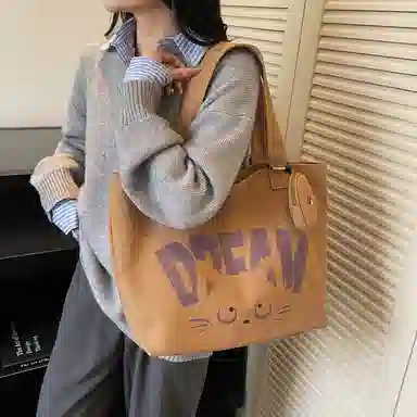 伊曼家 通勤时尚简约字母印花设计 帆布 托特包单肩包 女款 卡其色/焦糖色/米灰色/黑茶色