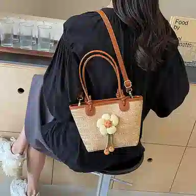 伊曼家 编织包包海边百搭沙滩包水桶包 草编 单肩包 女款 黑色/棕色