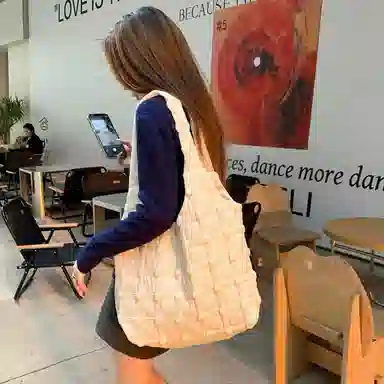 伊曼家 日系复古格子休闲韩版可爱 尼龙布 单肩包 女款 方块款/爱心款