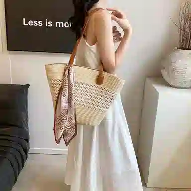 伊曼家 草编包包女大容量编织菜篮子包度假沙滩包法式通勤托特包 织物 单肩包 常规 女款 米色/卡其色