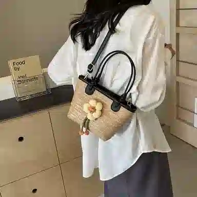 伊曼家 编织包包海边百搭沙滩包水桶包 草编 单肩包 女款 黑色/棕色