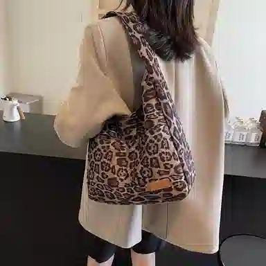 伊曼家 豹纹包时尚小众大容量通勤托特包 皮绒 单肩包 女款 棕色/咖啡色