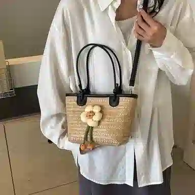 伊曼家 编织包包海边百搭沙滩包水桶包 草编 单肩包 女款 黑色/棕色