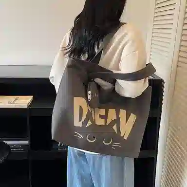 伊曼家 通勤时尚简约字母印花设计 帆布 托特包单肩包 女款 卡其色/焦糖色/米灰色/黑茶色