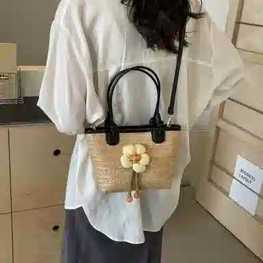 伊曼家 编织包包海边百搭沙滩包水桶包 草编 单肩包 女款 黑色/棕色