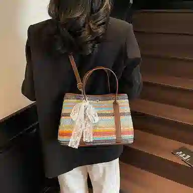 伊曼家 沙滩度假通勤百搭 草编 手提包 女款 卡其/彩色/米白