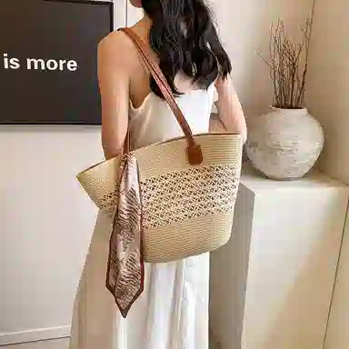伊曼家 草编包包女大容量编织菜篮子包度假沙滩包法式通勤托特包 织物 单肩包 常规 女款 米色/卡其色