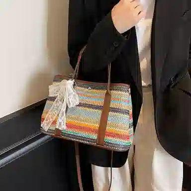 伊曼家 沙滩度假通勤百搭 草编 手提包 女款 卡其/彩色/米白