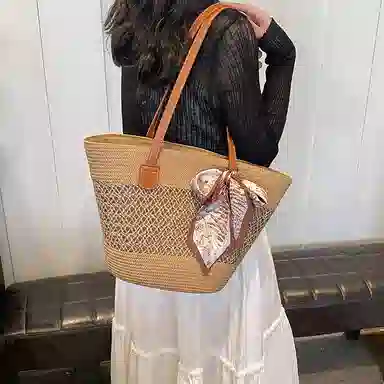 伊曼家 草编包包女大容量编织菜篮子包度假沙滩包法式通勤托特包 织物 单肩包 常规 女款 米色/卡其色