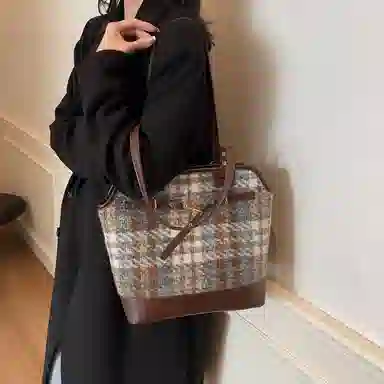 伊曼家 秋冬季休闲通勤 布 单肩包 女款 蓝格/绿格/深蓝格