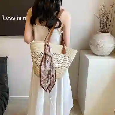 伊曼家 草编包包女大容量编织菜篮子包度假沙滩包法式通勤托特包 织物 单肩包 常规 女款 米色/卡其色