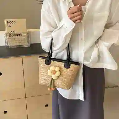 伊曼家 编织包包海边百搭沙滩包水桶包 草编 单肩包 女款 黑色/棕色