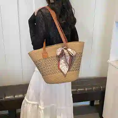 伊曼家 草编包包女大容量编织菜篮子包度假沙滩包法式通勤托特包 织物 单肩包 常规 女款 米色/卡其色