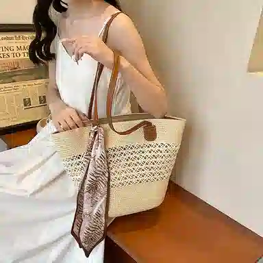 伊曼家 草编包包女大容量编织菜篮子包度假沙滩包法式通勤托特包 织物 单肩包 常规 女款 米色/卡其色