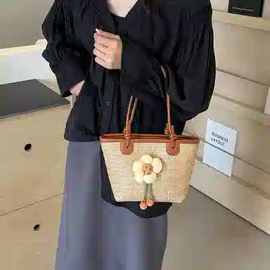 伊曼家 编织包包海边百搭沙滩包水桶包 草编 单肩包 女款 黑色/棕色