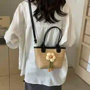 伊曼家 编织包包海边百搭沙滩包水桶包 草编 单肩包 女款 黑色/棕色