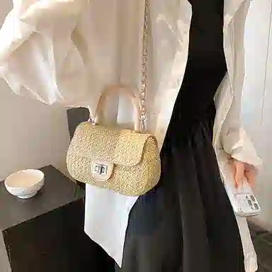 伊曼家 时尚编织小香风斜挎包 草编 单肩包 女款 米色/卡其色