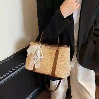 伊曼家 沙滩度假通勤百搭 草编 手提包 女款 卡其/彩色/米白