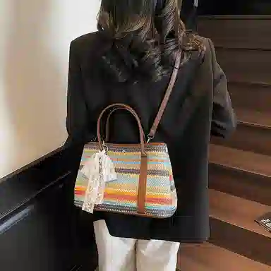 伊曼家 沙滩度假通勤百搭 草编 手提包 女款 卡其/彩色/米白