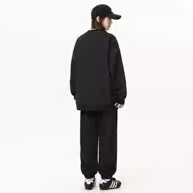 【大码可穿270斤】空白町 高街简约宽松百搭情侣款时尚纯色圆领套头字母印花卫衣束脚长裤子通勤学院休闲运动套装 男女同款 两件套