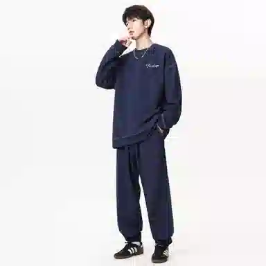 【大码可穿270斤】空白町 高街简约宽松百搭情侣款时尚纯色圆领套头字母印花卫衣束脚长裤子通勤学院休闲运动套装 男女同款 两件套