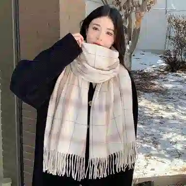 浪莎 条纹格子马卡龙色加厚保暖 绒线围巾 男女同款情侣款