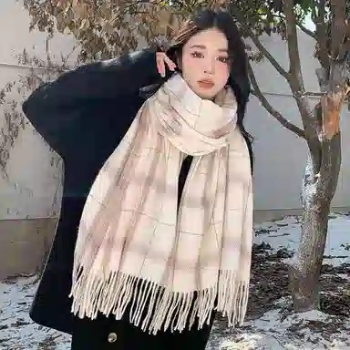 浪莎 条纹格子马卡龙色加厚保暖 绒线围巾 男女同款情侣款