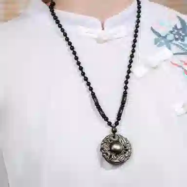 易明居 双龙护主 霸气招财 新中式十二生肖 守护神项链 六字真言转运珠  黑曜石 玉石吊坠 男女同款情侣款 佛牌 生日 男友 礼物