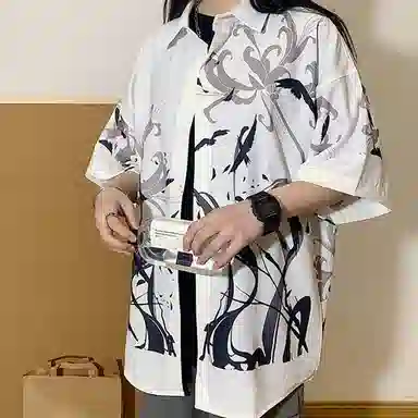 帝狼牛 冰丝速干国潮风仙鹤印花文艺百搭通勤衬衣衬衫 男女同款
