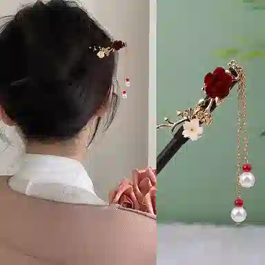 圣所 雅雪玫瑰流苏步摇新中式国风手工木 发簪 女款